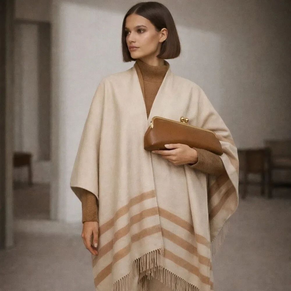 Talbots Reversible Neutral Beige Doubleface Face Wool Cape Wrap Ruana, NWT